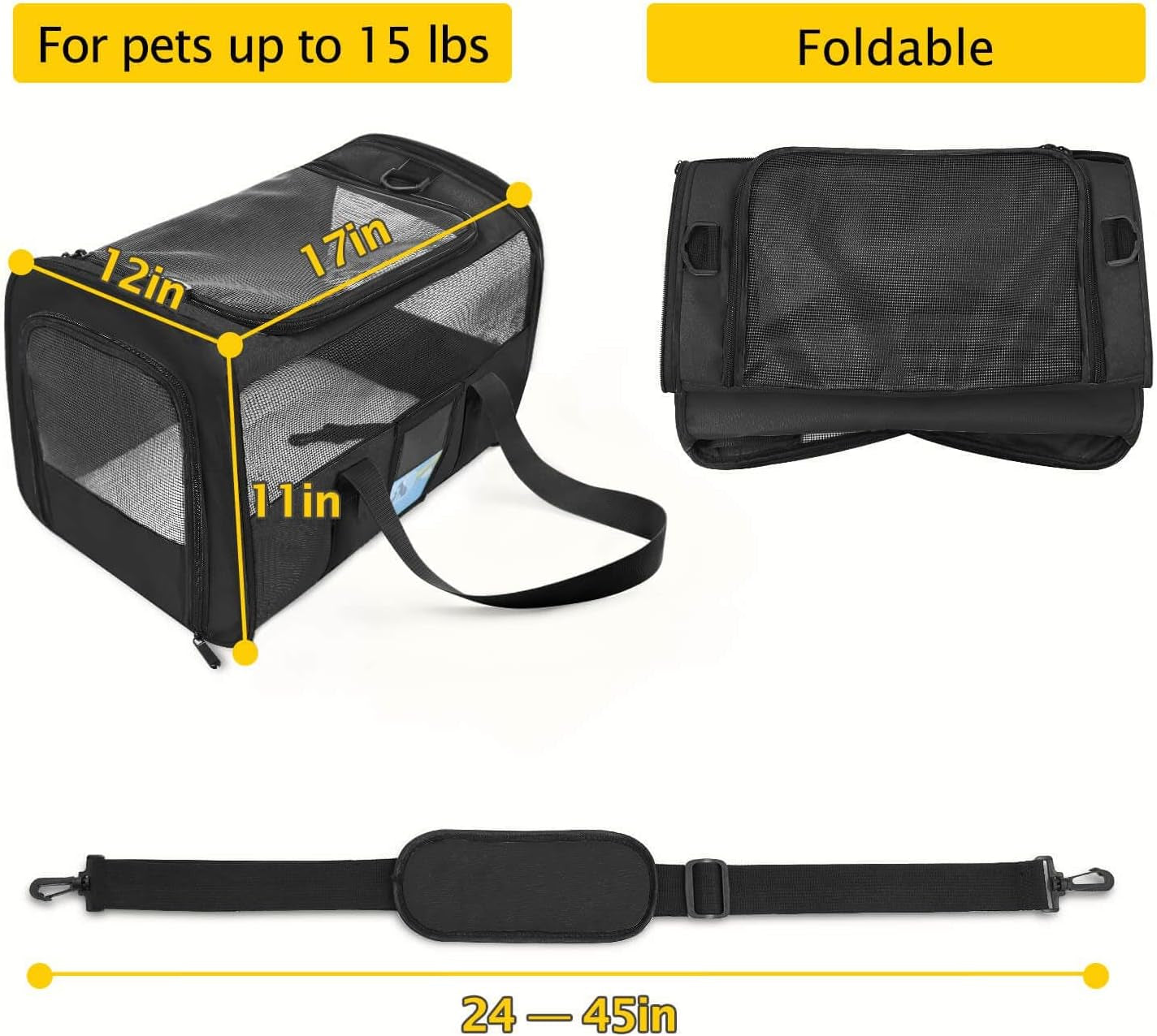 Pet Carrier - Airline & TSA Approved, Soft Cat & Dog Carrier for Medium & Small Pets, up to 15 Lbs, Black