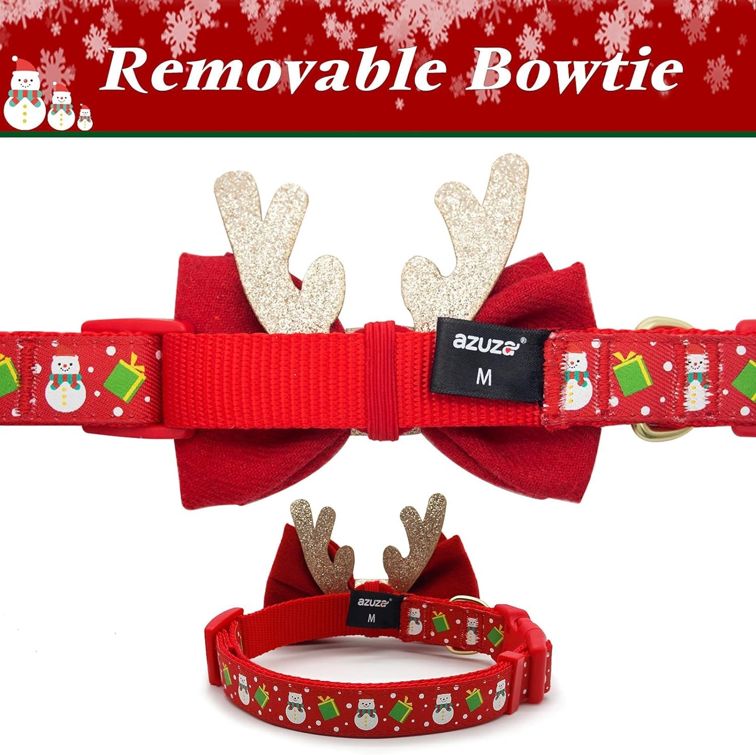 Adjustable Christmas Dog Collar with Antler Bow Tie Accessories for Medium Dogs